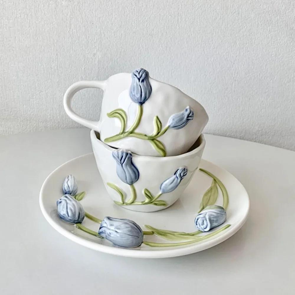 Creative Tulip Ceramic Coffee Cups Plate Bowl Set Embossed Mug with Handle Vintage Home Milk Dining Dish Breakfast Tea Drinking
