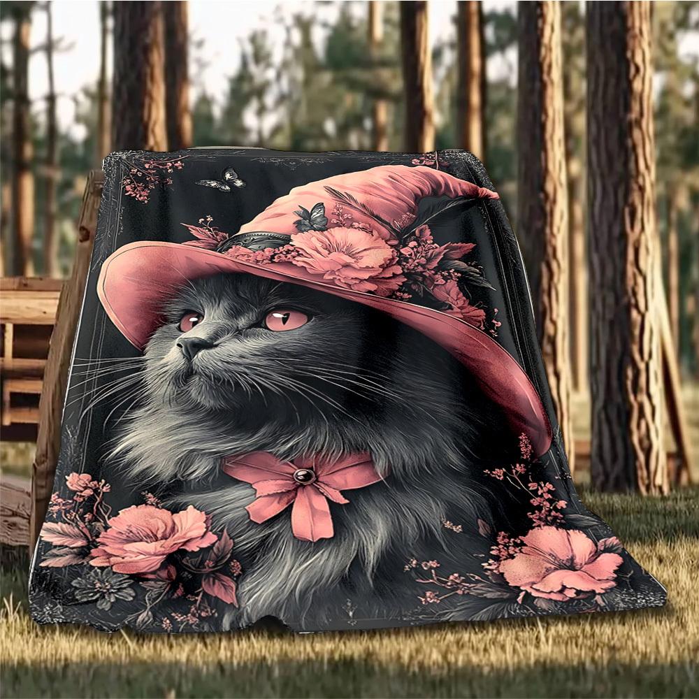 1pc Cat Hat Floral Throw Blanket Polyester Fiber, Lightweight Flannel, Soft & Warm, All Season Use for Outdoor, Camping Digital Print