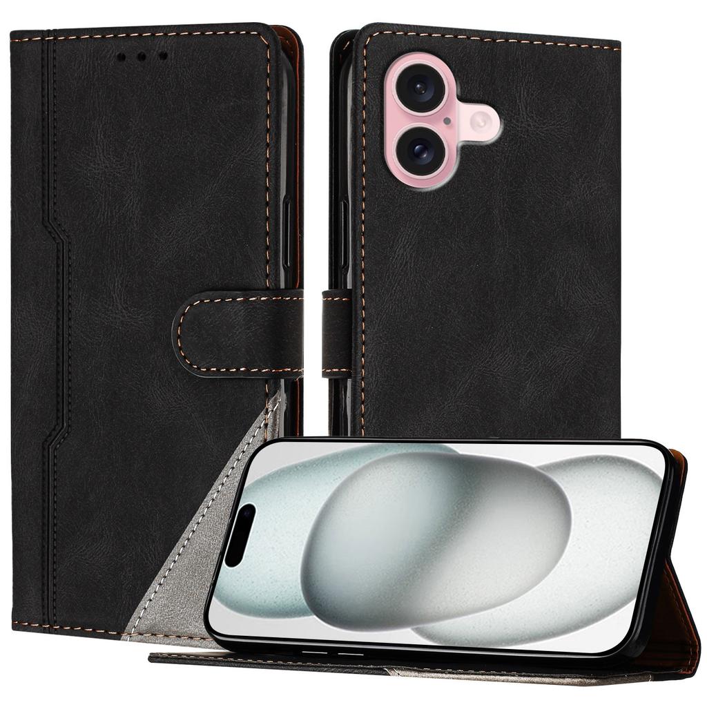 Для iPhone 16 Кожаный чехол Треугольная лоскутная работа Кошелек Подставка Противоударный чехол для телефона