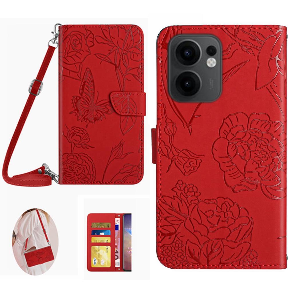 For Oppo Reno13 F 4G/5G Case Butterfly Flower Imprint Leather Phone Cover with Shoulder Strap