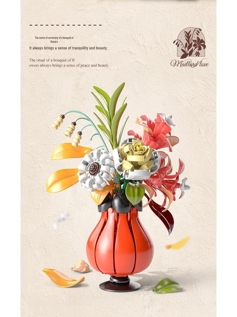 Building Block Flower Bouquet - Decorative Simulated Floral Gift for Girls