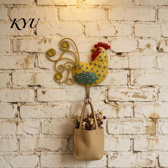 Decorative Rooster Wall Hooks Painted Metal Hook, Farmhouse Style 3D Iron Country Hanging Decor for Keys Towels , Hook Entryway Kitchen Retro