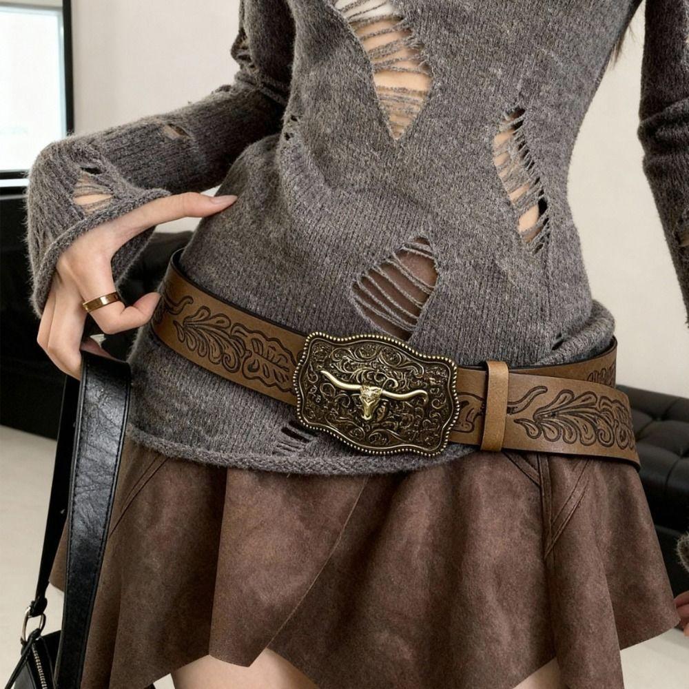 Retro Western Cowboy Belt Cow Head Buckle Waistband Trendy Embossed Belt For Man Women