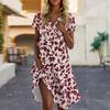 Women's Casual Fashion Lapel Floral Print Dress Short Sleeve V Neck Short Skirt