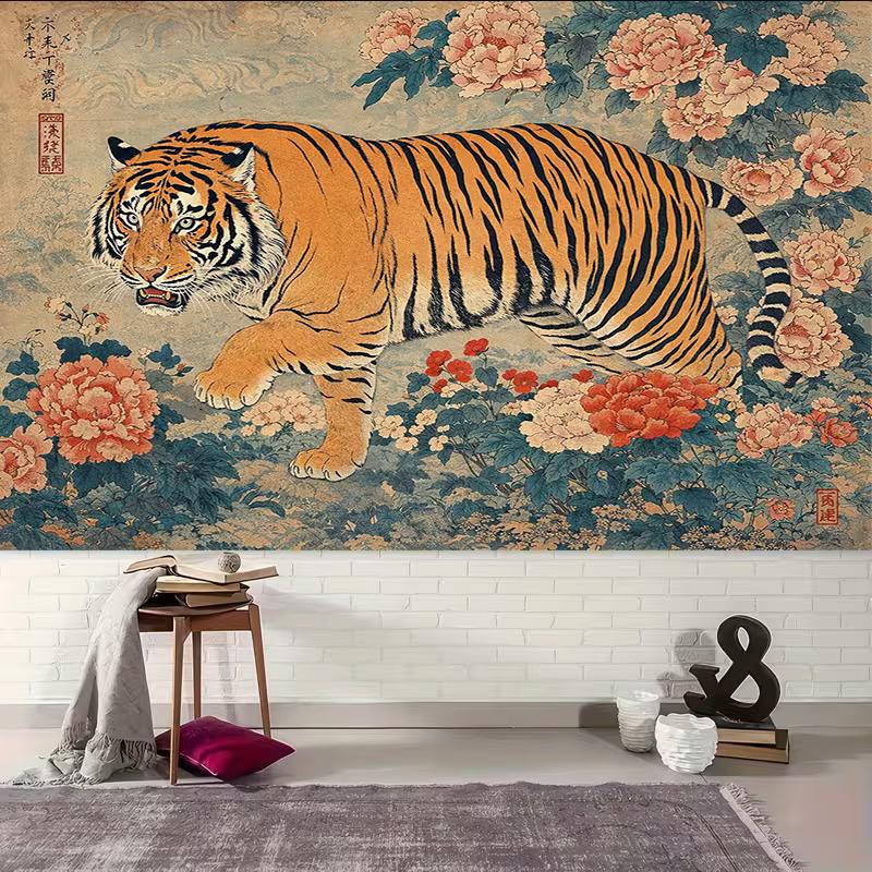 2D Classic Chinese Tiger Peony Tapestry Vintage Art Wall Decor Background