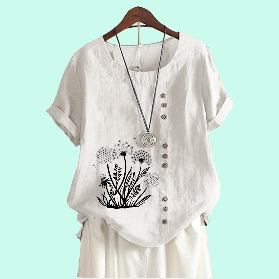 Women Casual Short Sleeve Blouse Laides Cotton Linen Top Fashion Floral Print Loose T-shirt