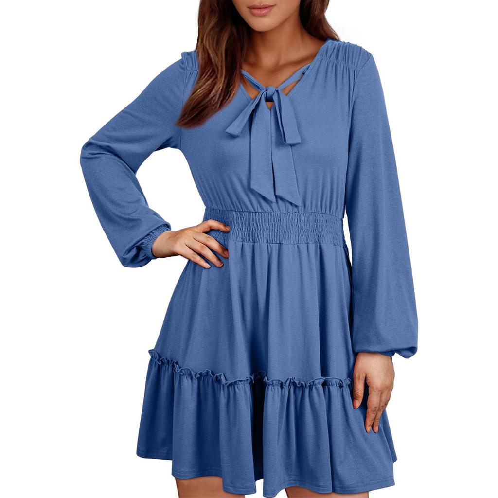 Женские модные свободные повседневные платья с V-образным вырезом и плиссированными оборками и длинным рукавом