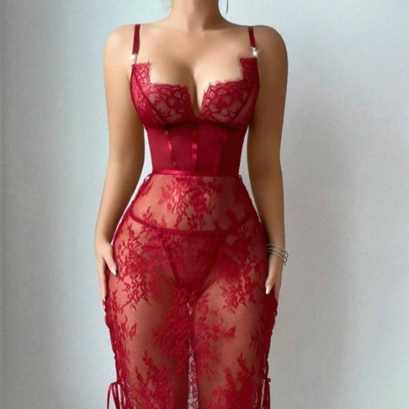 Toucheart Sexy Lace Hollow Out Solid Color Interesting Bodycon Dress Slim Backless Embroiderysee-through Womenunderwear Sexy Set