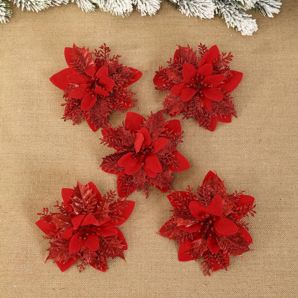 10pcs Christmas Glitter Flowers Fake Flower Christmas Tree Decorations for Home 2025 Tree Pendant Ornaments Navidad