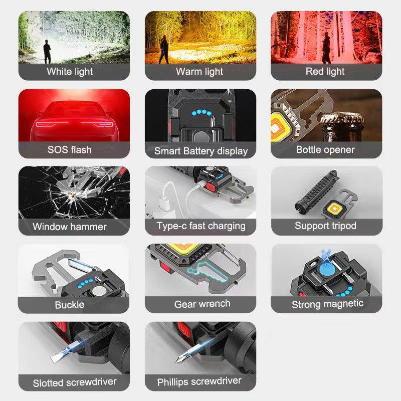 Mini LED Work Lights Portable Keychain Flashlight Outdoor Camping COB Lamp With Wrench Emergency Broken Window Bottle Open Ligh