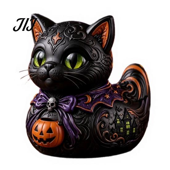 Halloween Duck Figurine Midnight Witches Cat Figurine, Spooky Black Statue Home Accents with Pumpkin Lantern, Decoration for Tabletop Office