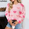 Women Autumn Round Neck Long Sleeve Heart Print Pullover Sweaters