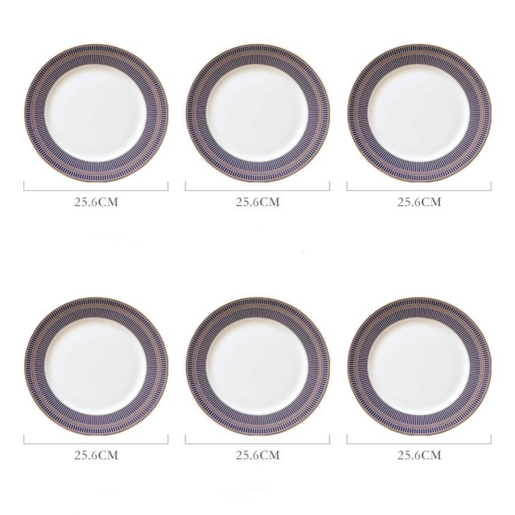 Fine Bone China Dinner Plates Sets, Light Luxury Tableware Stripe Pattern Gilt Edged Porcelain Dinnerware Round Set of 6