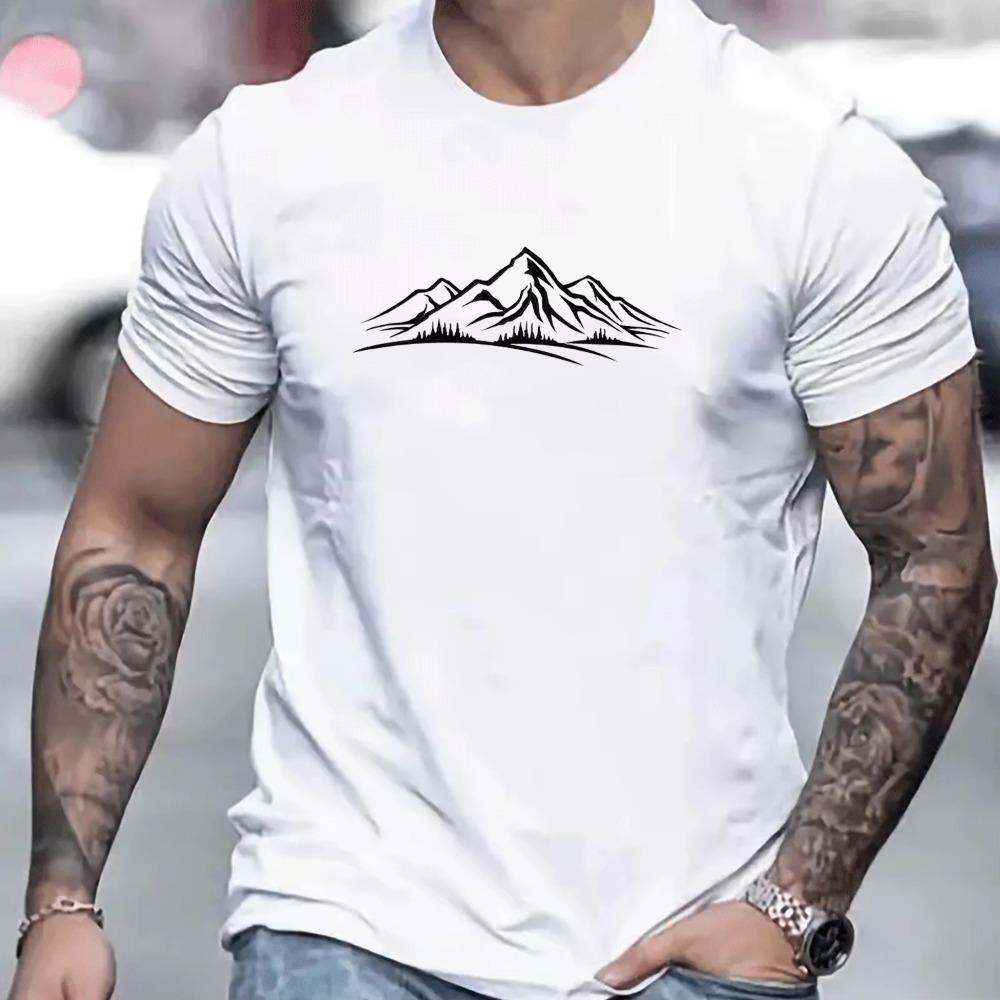 Men's Summer 100% Pure Fashionable Casual Loose Sports Mountain Pattern Print Round Neck Short Sleeved T-shirt Top Tshirt