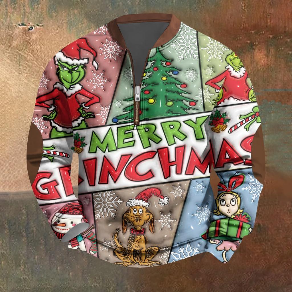 Мужская винтажная зеленая рождественская повседневная толстовка на молнии с трехмерным принтом, пуловер