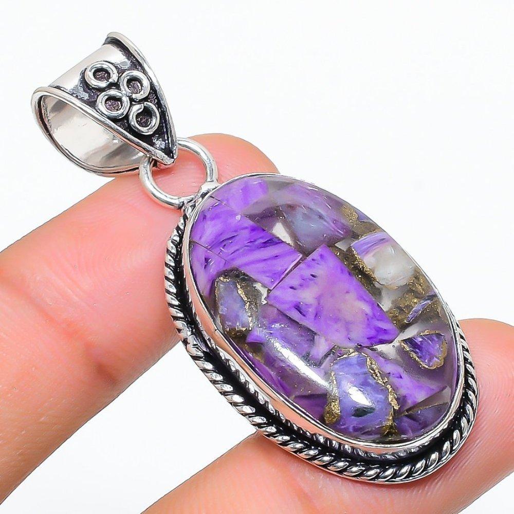 Подарочный кулон из стерлингового серебра 925 пробы с натуральным медным чароитом 1,97 дюйма I6D96