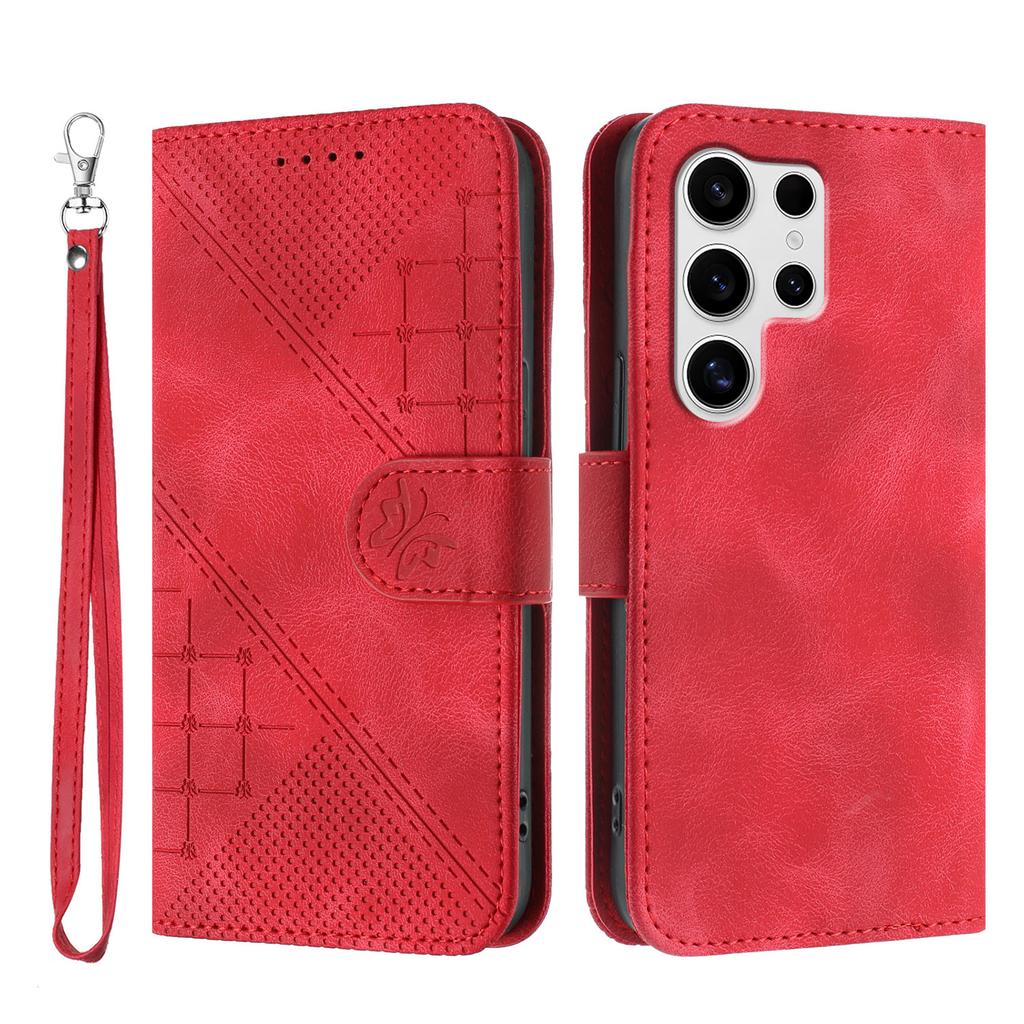 For Samsung Galaxy S25 Ultra Leather Wallet Case Butterfly Flower Imprinted Phone Cover with Strap