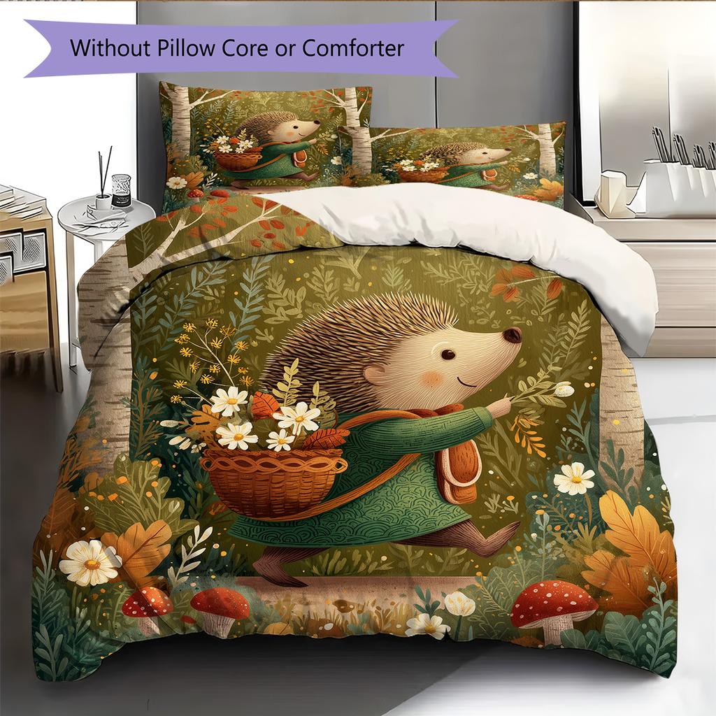 Leaf Hedgehog Pattern Bedding Quilt Set Home Decoration Gift (1 * duvet cover + 2 * pillowcase without core)