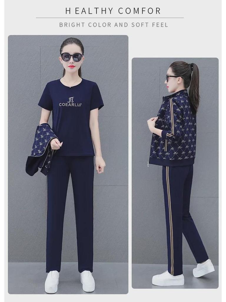 Осень 2023 года, повседневный спортивный костюм контрастного цвета для женщин среднего возраста: Комплект из принтованной толстовки и спортивных штанов