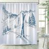 Зимний горнолыжный набор занавески для душа, Современная горнолыжная станция Снежная гора Сосновый лес Занавески для ванны, Синий Рождественский декор для ванной