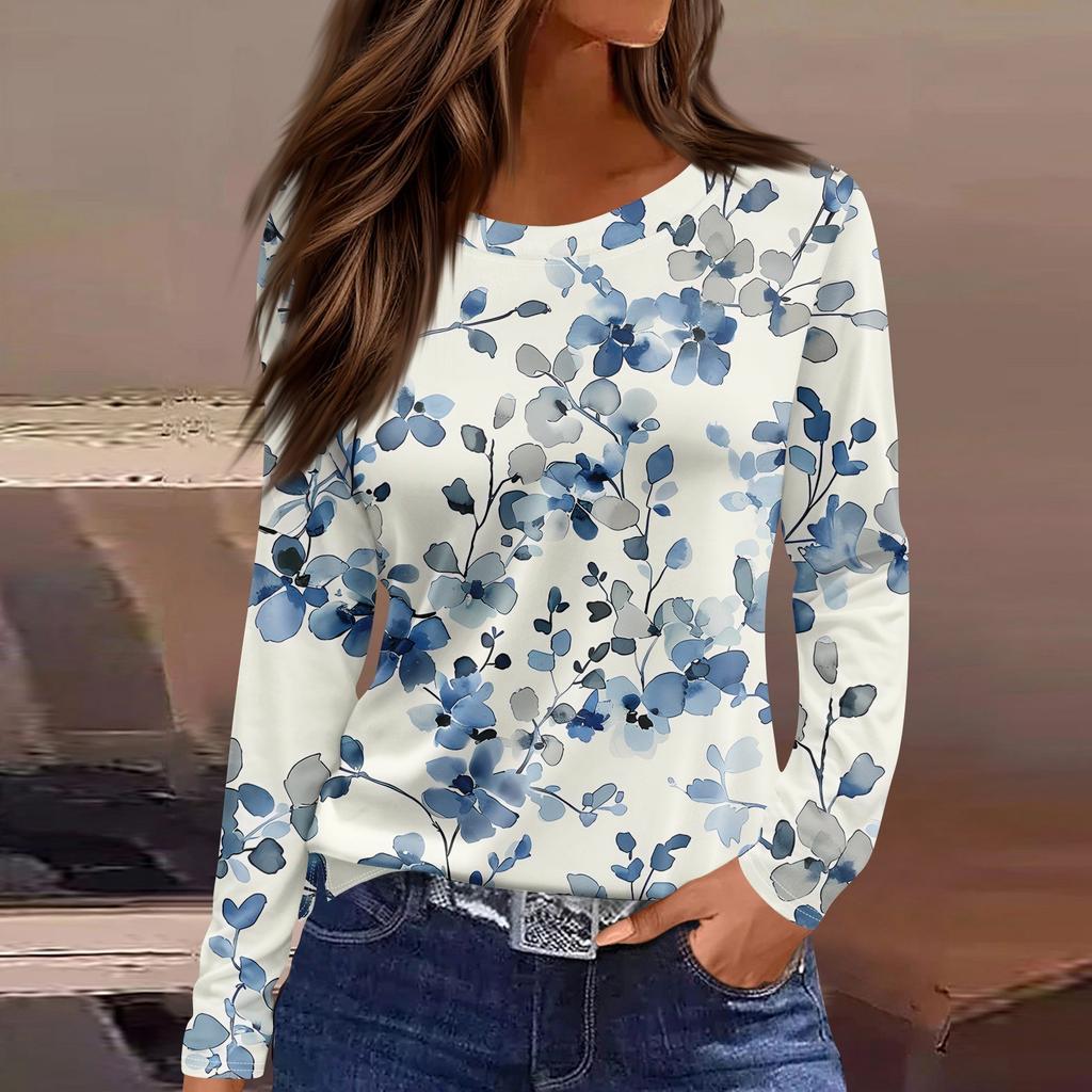 Женская модная повседневная свободная футболка с принтом и круглым вырезом с разрезом и длинным рукавом, женский топ