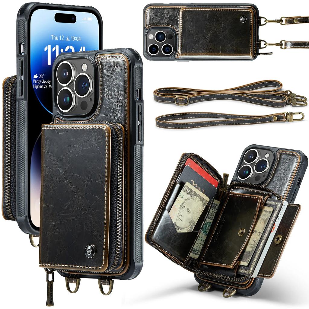 Zipper Leather Wallet Phone Case For iPhone 16 Pro Max 14Plus 14 15 13 12 11 Cards Holder Solt Stand Hand Strap Back Cover Coque