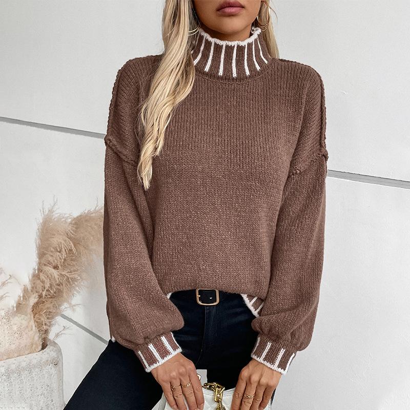 Women's Casual Long Sleeve Sweaters Turtleneck Lantern Sleeve Oversized Ribbed Knit Pullover Fall Loose Sweaters Tops for Women