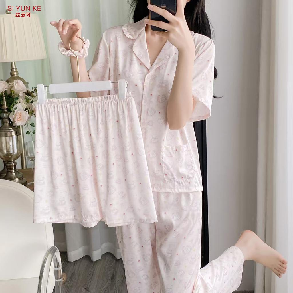 Summer new floral short-sleeved trousers three-piece loungewear women can wear loose, fresh, cute and comfortable pajamas