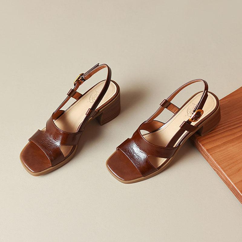 Женские босоножки в винтажном стиле, модные босоножки на высоком каблуке с квадратным носком и ремешком на щиколотке, летние повседневные кожаные босоножки на блочном каблуке