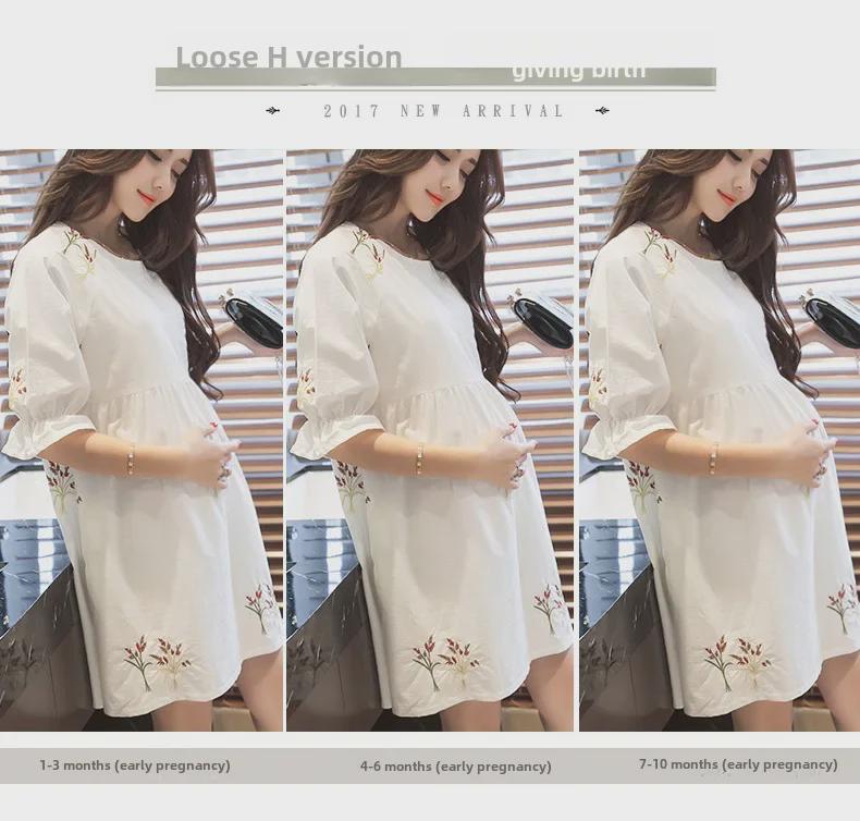 Летнее платье миди для беременных в корейском стиле - свободный крой для миниатюрных, закрывающий живот 2023