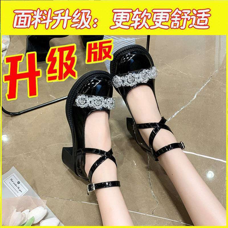 Туфли Мэри Джейн в сказочном стиле для девочки 2025 новые толстый каблук стразы корейская версия маленькие кожаные туфли французский ремешок туфли на высоком каблуке