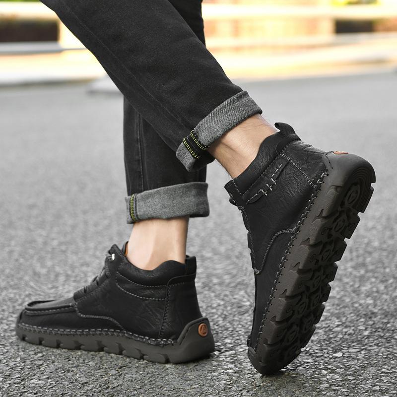 Осенне-зимние мужские туфли больших размеров с высоким берцем на хлопковой подкладке и бархатными нескользящими рабочими ботинками, повседневные кожаные туфли среднего размера с мягкой подошвой