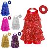 Kids Girls Shiny Sequined Dance Leotard Dress with Hair Band Jazz Latin Dance Performance Costume