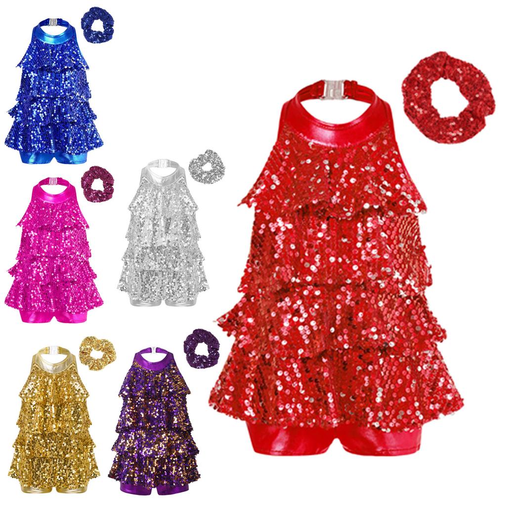 Kids Girls Shiny Sequined Dance Leotard Dress with Hair Band Jazz Latin Dance Performance Costume