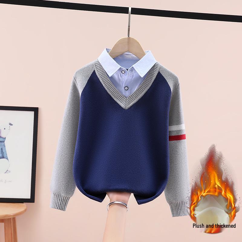 Вязаный свитер для мальчиков на флисовой подкладке: Плотный, Дизайн «Двойка» для Весны/Осени/Зимы