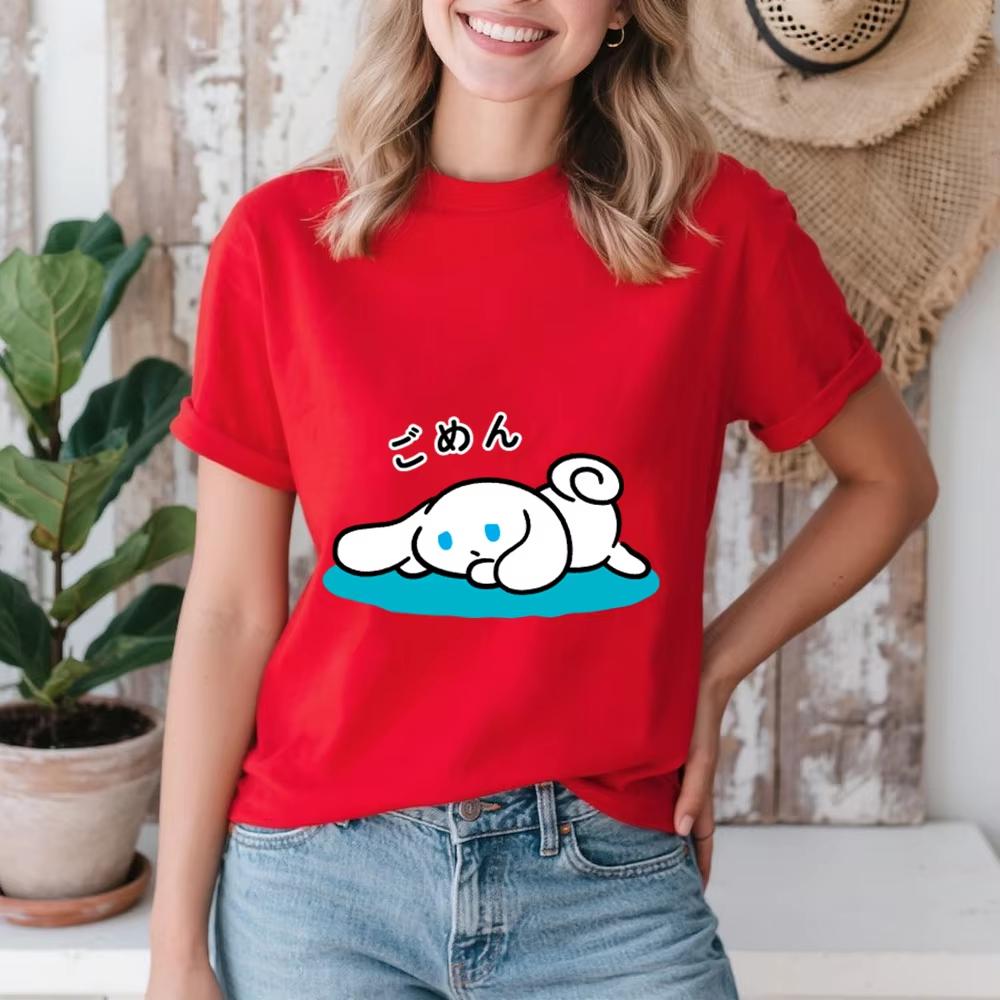 2026 Summer Cinnamoroll Sorry Cutie Print Cotton T Shirt for Women Casual Comfort Soft Daily Wear Top