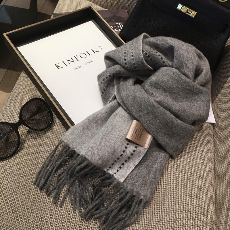 Versatile 100% WOOL Pure Wool Scarf, Women's Solid Color Stitching Design Double-sided Cashmere Shawl Winter Warm Scarf