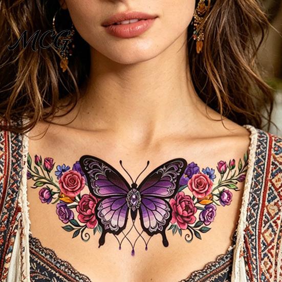 Temporary Body Art Stickers 5 Sheets Colorful Butterfly Flower Tattoo Stickers, Waterproof Hypoallergenic Decals Art, Floral Chest Back for