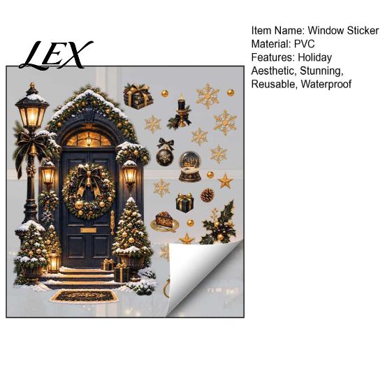 Decals Christmas Window Clings, Black Gold Santa Claus/Angel/Xmas Tree/Street Lamp DIY Holiday Art Sticker, PVC Reusable Static Double-Sided Decal for