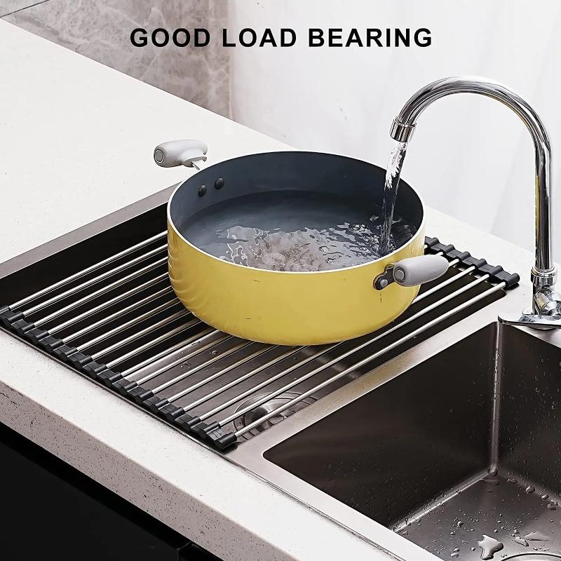 Dish Drainer Foldable Stainless Steel Roll Up Dish Drying Rack Shelf Kitchen Sink Holder Organizer Bowl Tableware Plate Storage