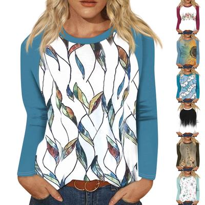 Рубашка для женщин, модная повседневная футболка с рукавом реглан, круглым вырезом и длинным рукавом, свободная футболка с принтом, женский топ