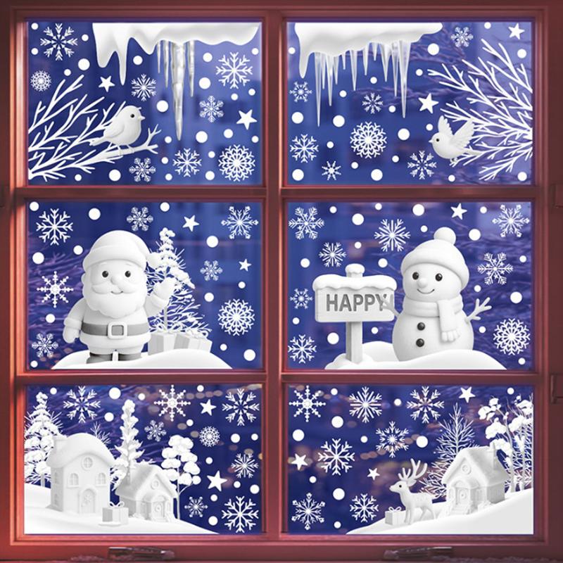 Christmas Decorations, White Snowflakes, Snowmen, Static Cling Stickers, Shop Window Decorations, Glass Stickers