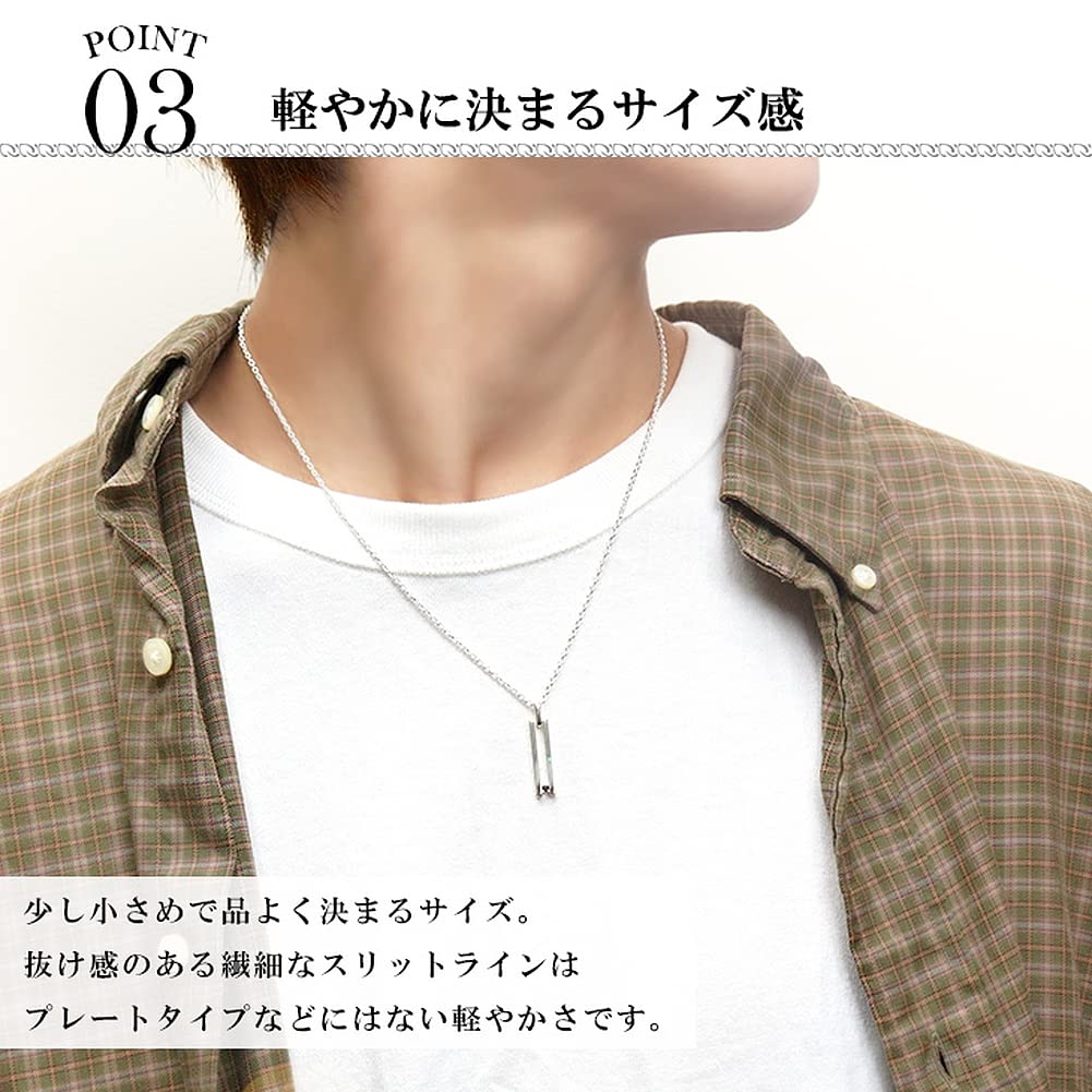 [Shinjuku Gin No Kura] Slit Bar Necklace for Men, Sterling Silver 925, Simple Silver with Zirconia Plate, Bar