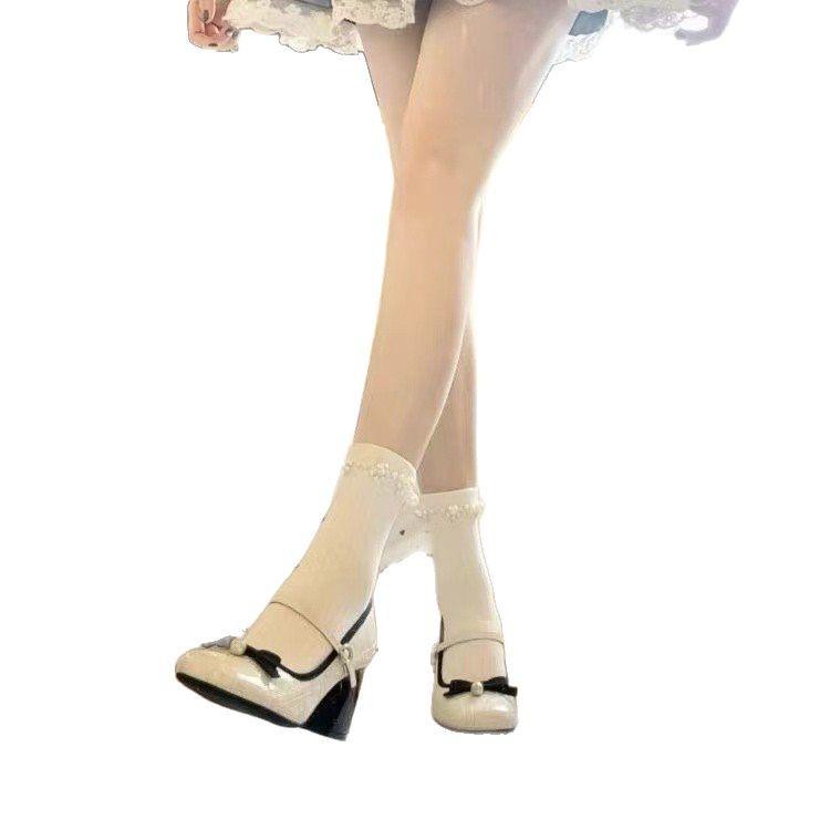 Bow Small Fragrant Style High Heel Mary Jane Shoes Women's 2025 New Spring Pearl Square Head Temperament Thick Heel Single Shoes