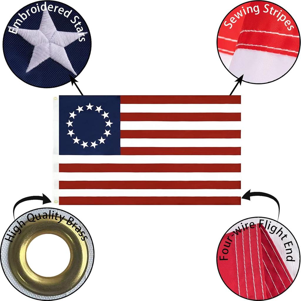Embroidered Betsy Ross American US Flag 3x5 Outdoor-Made In USA 13 Star Colonies Flag Heavy Duty Durable Nylon US 13 Stars Flag Oxford Cloth Double