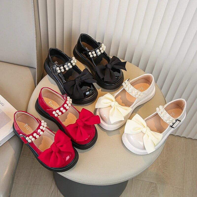 Children Fashion Leather Shoes for Girls Pearls with Bow Simple Platform Cute Princess Party Wedding Shows Kids Shoes Korean PU