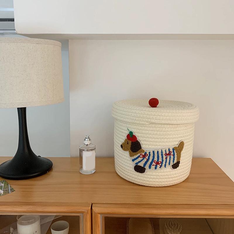Милая корзина для хранения щенков Плетеная рама из хлопковой веревки Большая вместимость С крышкой Пылезащитное ведро для хранения Настольный пылезащитный
