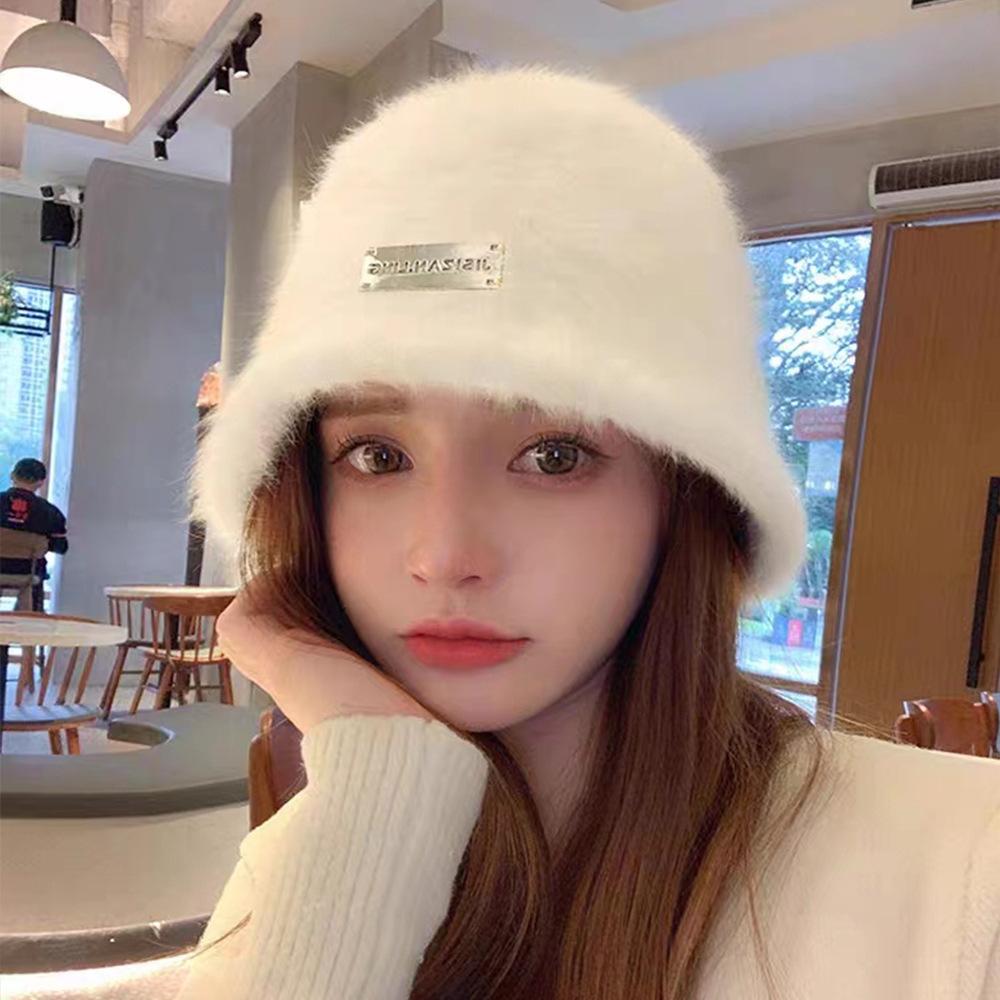 Rabbit fur hat women's winter versatile bucket hat shows a small washbasin hat thickened plush warm knitted cold hat
