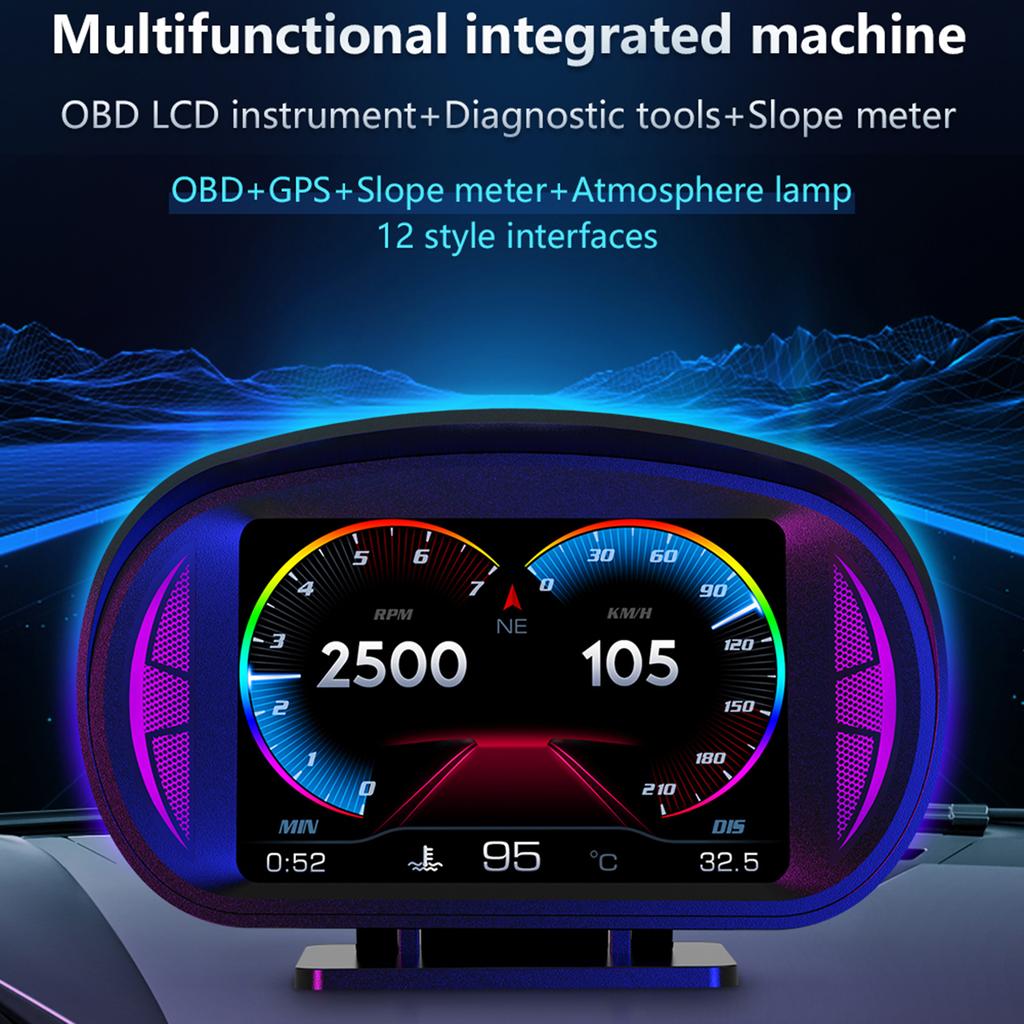 Car Head Up Display Multi-funciton OBD GPS Slope Meter Atmosphere Lamp Full LCD Smart Gauge with 12