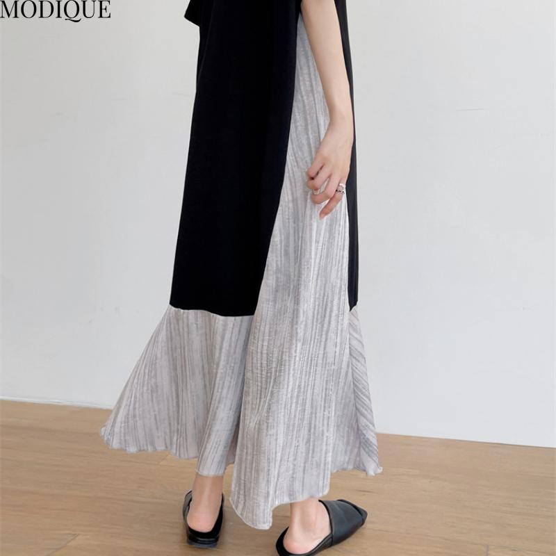 MODIQUE Summer Plus Size New Women Basic Loose Minimalist Patchwork Pleated Long Dresses Female Casual Short Sleeve O-Neck Dresses